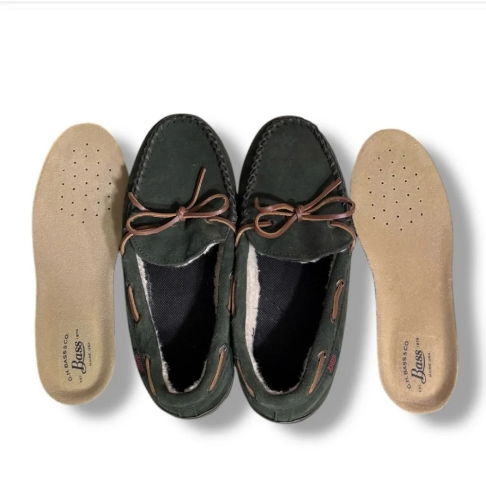 G.H. BASS Green Suede Moccasin Shoes Faux Shearling Lining